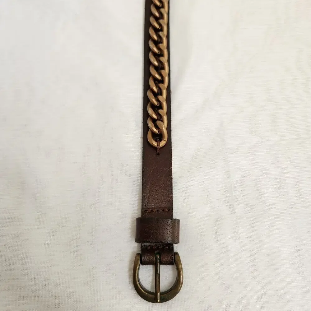 Banana Republic Belt Women's M Brown Genuine Leather Copper Chain Biker Belt